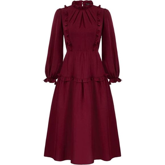 NWT Modest Elegant Long Sleeve Retro Vintage Victorian Ruffle Red Midi Dress XXL - Picture 1 of 16